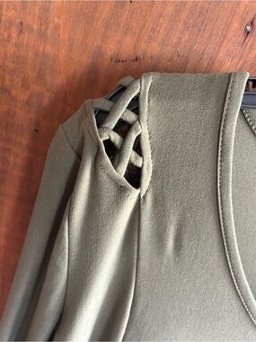 new directions Olive Green Swing Dress, with lattice work shoulder detail!